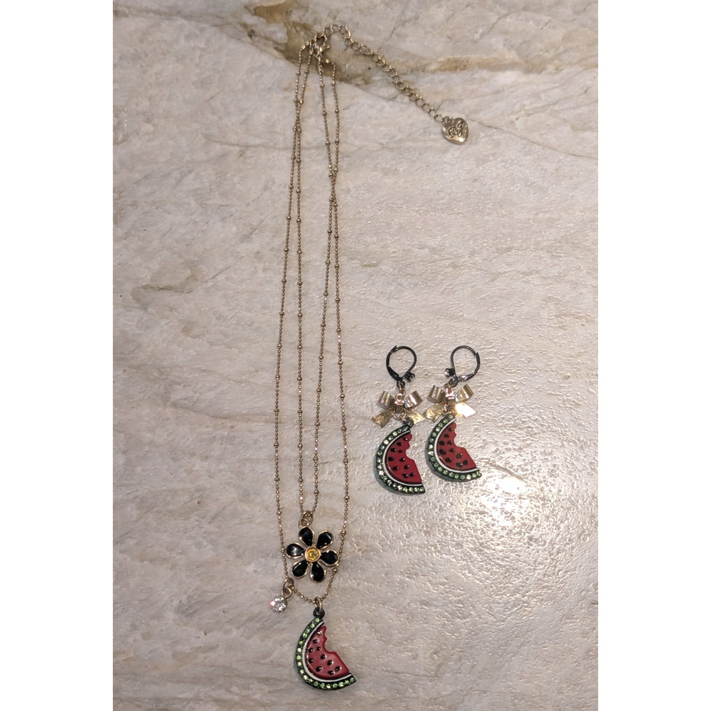 Betsey Johnson Watermelon Flower Necklace & Earrings Set Y2K Crystal Fruit
